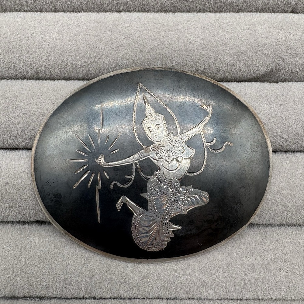 Vintage Siam Sterling Dancing Lady Brooch Pin Thai Apsara 17g Oval
